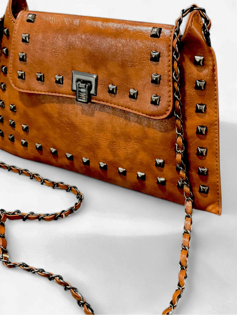 NEW Vintage Y2K Euro Envelope Crossbody Shoulder Bag Purse Cognac Faux Leather - Picture 6 of 8